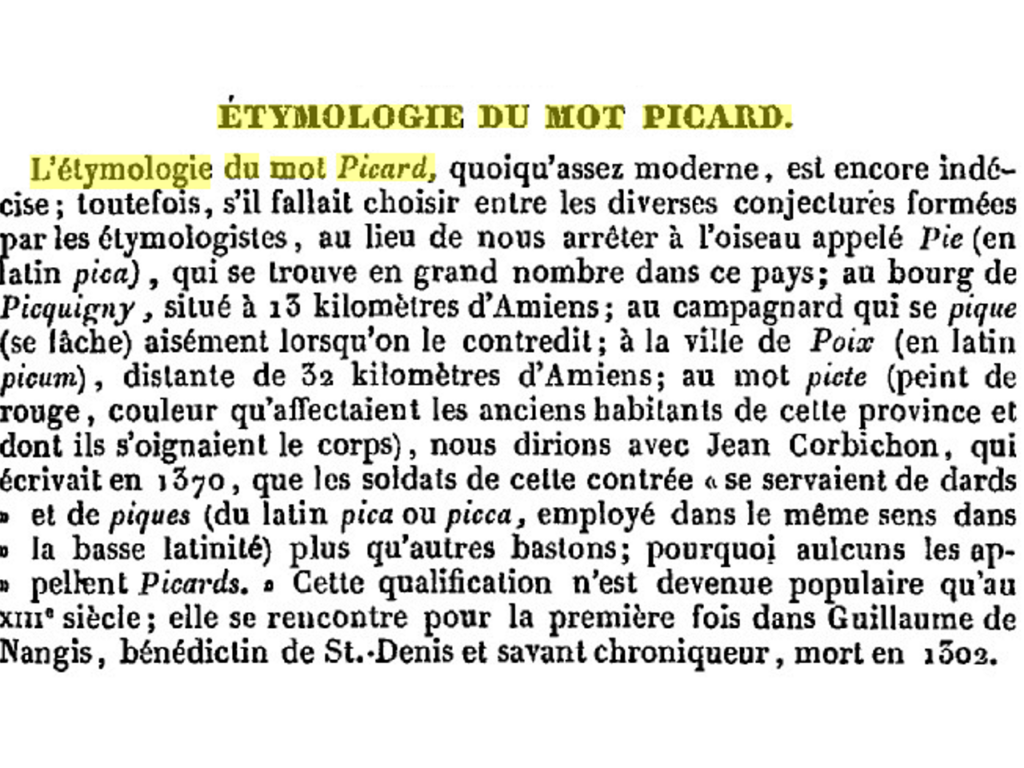 Capture d'écran d'un article sur l'étymologie du terme picard