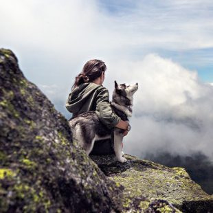 Image d'une femme en haut d'une montagne avec un chien