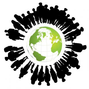 image de la terre entourée de silhouettes humaines