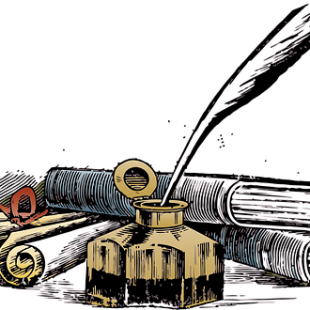dessin représentant une bouteille d'encre et plume et des livres
