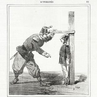 gravure représentant un soldat mesurant un autre sous une toise