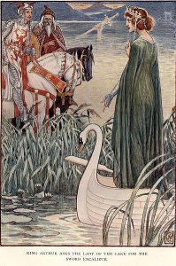 Le roi Arthur demande l'épée Excalibur à la Dame du Lac.(Gravure)