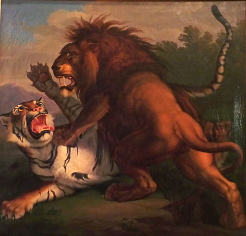 Tableau de Peter Wenzel représentant un combat entre un tigre et un lion