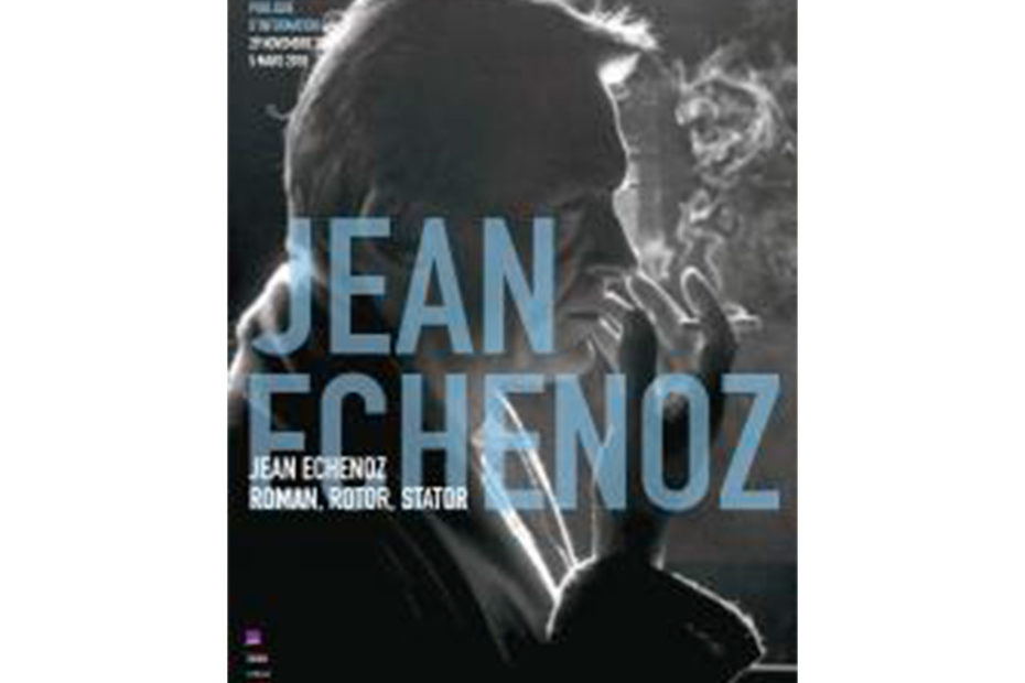 Reproduction de l'affiche de l'exposition Jean Echenoz, Roman, Rotor, Stator, à la Bpi (il fume)