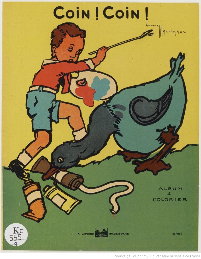 Album à colorier coincoin. Un enfant joue avec un canard qui pince dans son bec des tubes de gouache.