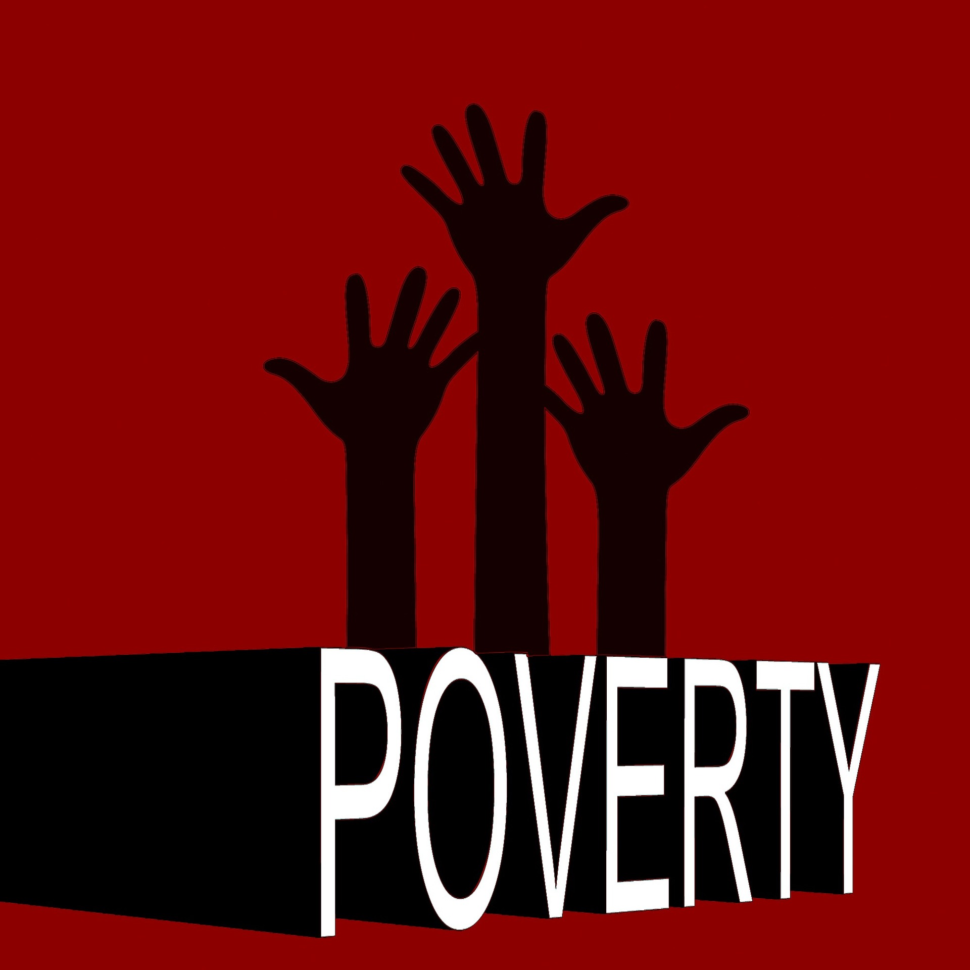 3 bras sortent du mot Poverty, comme un appel à l'aide