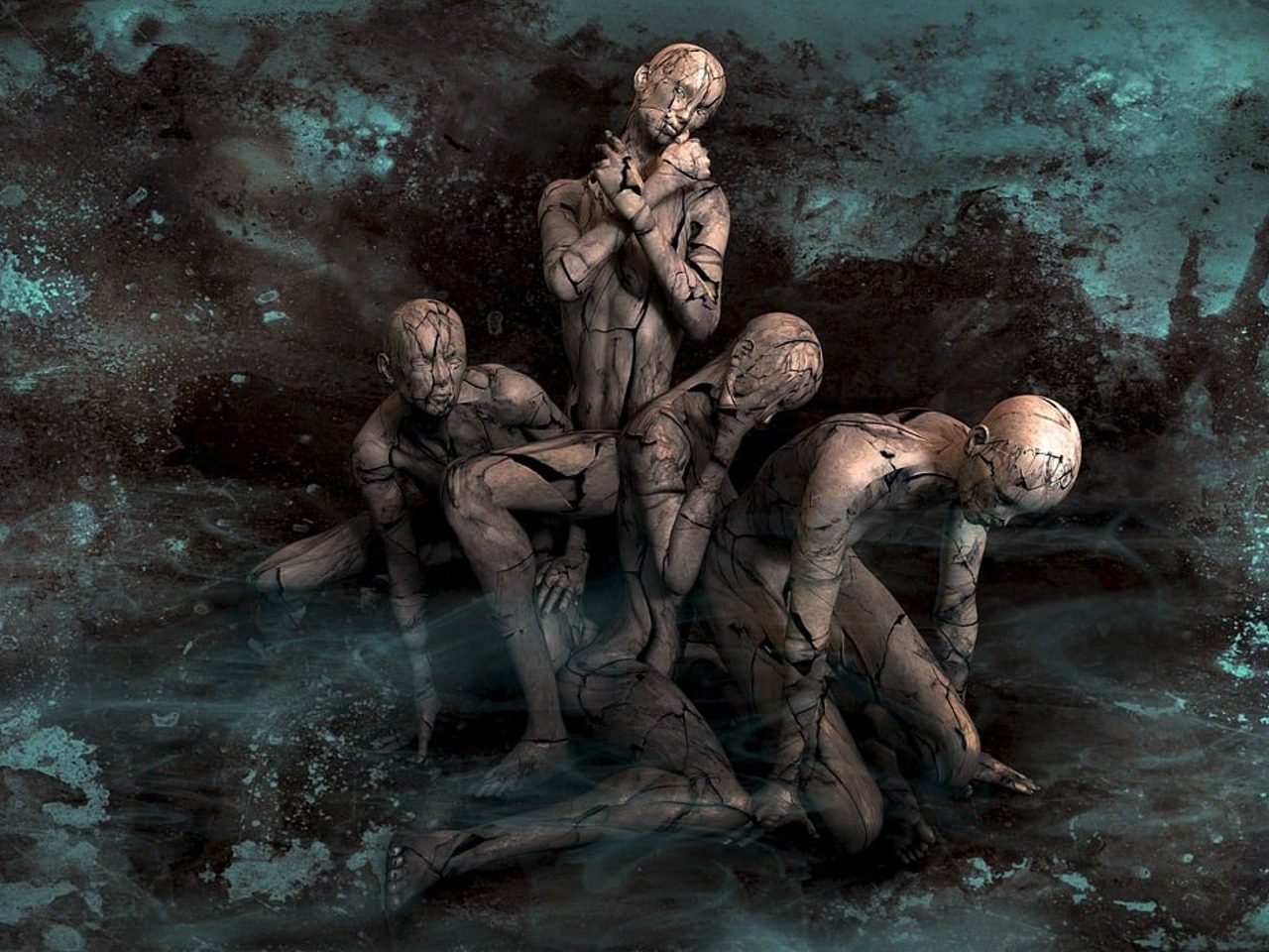 Image de fantsy avec des personnages humanoïdes surfond sombre