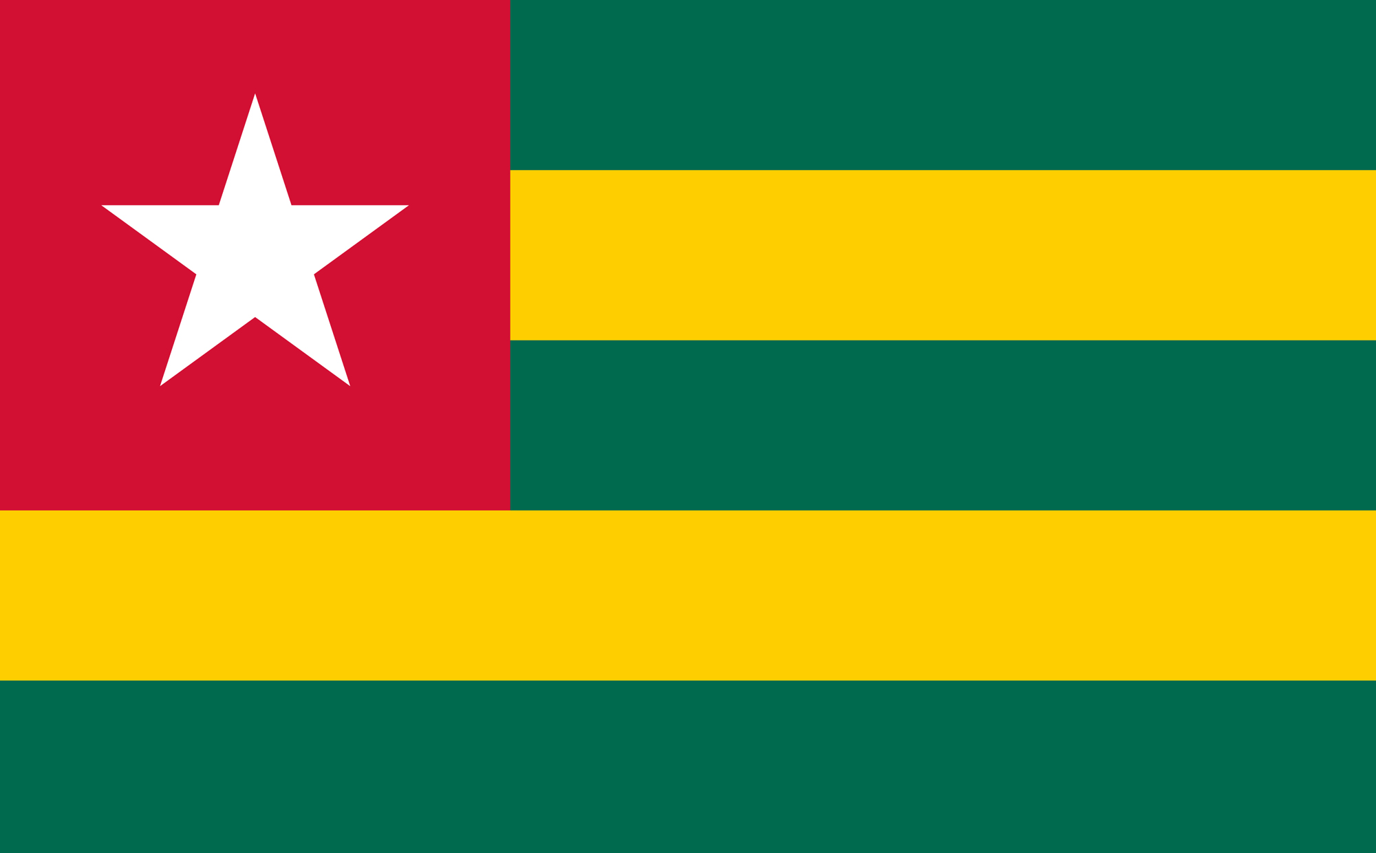 Drapeau du Togo. bandes vertes et jaunes. etoile blanche sur caré rouge.