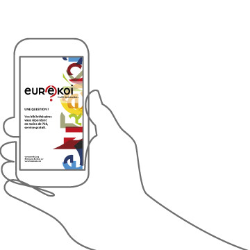 dessin d'une main qui tient un mobile ouvert sur l'application Eurêkoi