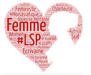 Cœur contenant une silhouette de femme. Réalisé avec des mots-clés tirés de la liste des articles récents et améliorés en 2019 par le projet Les sans pagEs.