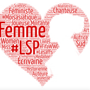 Cœur contenant une silhouette de femme, réalisé avec des mots-clés tirés de la liste des articles récents et améliorés en 2019 par le projet Les sans pagEs.