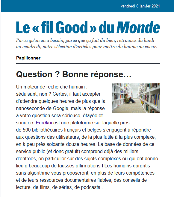 Extrait de la newsletter FilGood du 08-01-2021 du journal Le Monde