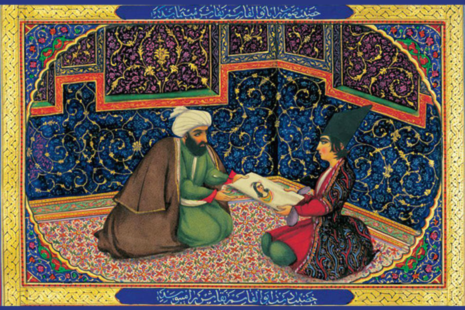 Image dessinée par Sani ol-Molk du sultan assis face à un autre personnage, l'un passant à l'autre une feuille sur laquelle est représentée une femme