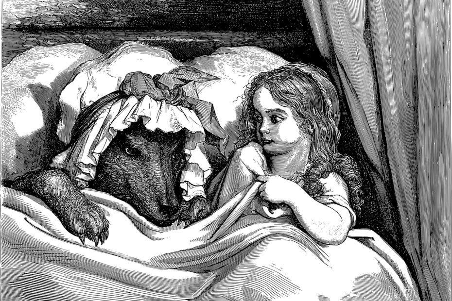 Petit chaperon rouge dans un lit avec le loup