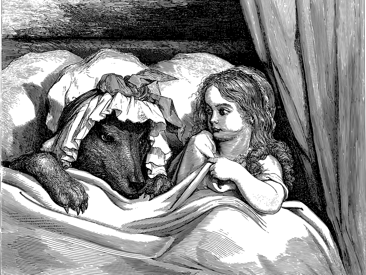 Petit chaperon rouge dans un lit avec le loup