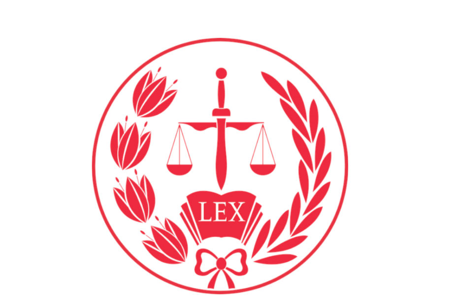 Autour du mot Lex, illustration symbolique de la justice avec palmes, balance et livre de la loi