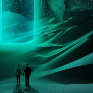 Couple avançant dans un désert, ambiance science-fiction