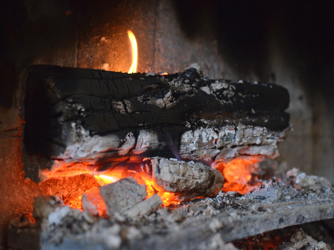 Bûche en train de se consommer dans une cheminée