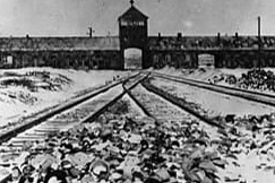 Photo en noir et blanc de l'arrivée des voies ferrées au camp d'Auschwitz