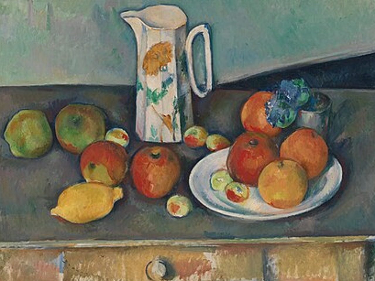 Peinture : Tableau Nature morte, pot à lait et fruits sur une table