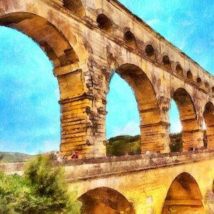 Représentation du Pont du Gard avec la technique de l'aquarelle