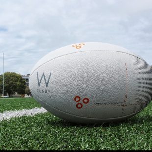 Ballon de rugby posé sur la pelouse