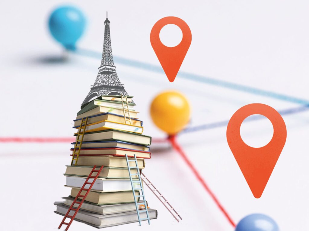 Tour Eiffel au sommet d'une Pile de livres accessibles via des échelles dans un itinéraire avec symboles GPS
