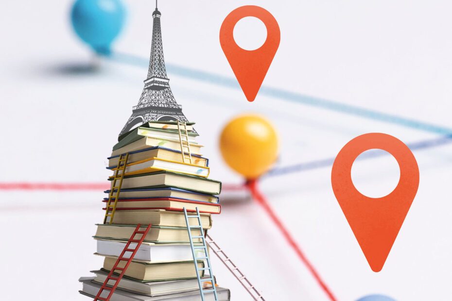 Tour Eiffel au sommet d'une Pile de livres accessibles via des échelles dans un itinéraire avec symboles GPS