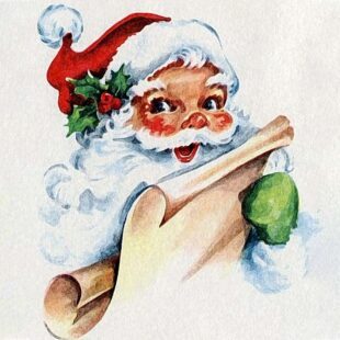 Dessin en couleurs de format paysage illustrant un portrait de face du Père Noël. Le Père Noël tient une liste en papier. L'illustration est lumimeuse et gaie.