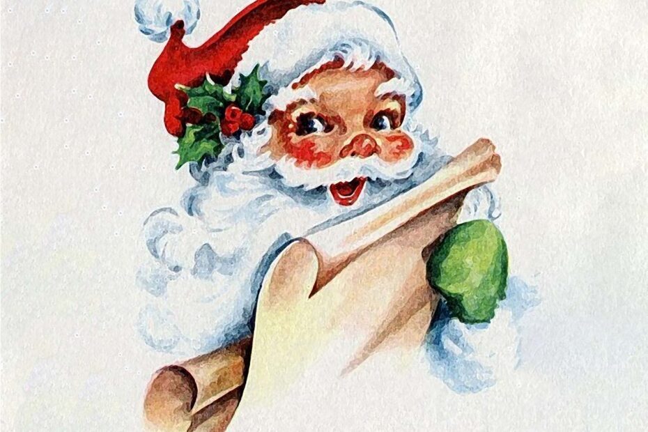 Dessin en couleurs de format paysage illustrant un portrait de face du Père Noël. Le Père Noël tient une liste en papier. L'illustration est lumimeuse et gaie.