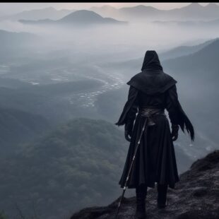 Héros ninja devant un paysage