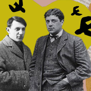 Picasso et Braque sur fond coloré de collages et oiseaux
