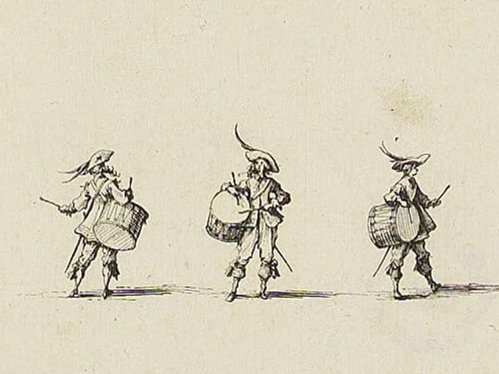 Gravure de 1635 sur l'exercice du tambour, représentant 3 personnages de musiciens jouant du tambour à caisse claire