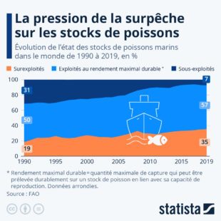 Ce graphique montre l'évolution de l'état des stocks de poissons marins dans le monde de 1990 à 2019.